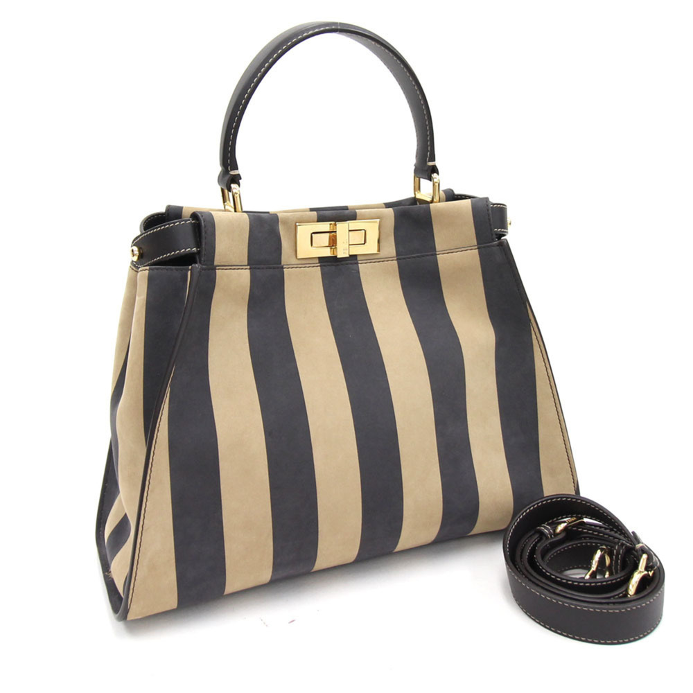 Fendi Handbag Pecan Peek-A-Boo 8BN290 Beige Black Nubuck Leather Shoulder Str... - Picture 1 of 10